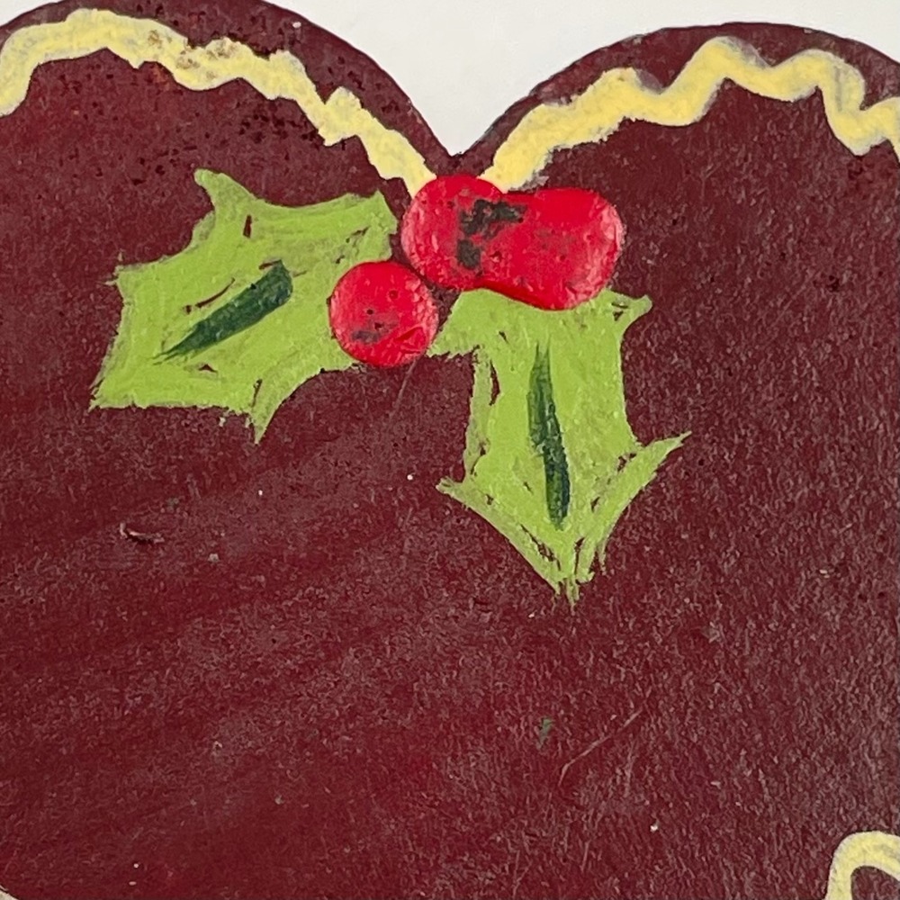 Vintage 80s Hand Painted Wooden Heart Christmas Ornament Holly Berries Jewelry